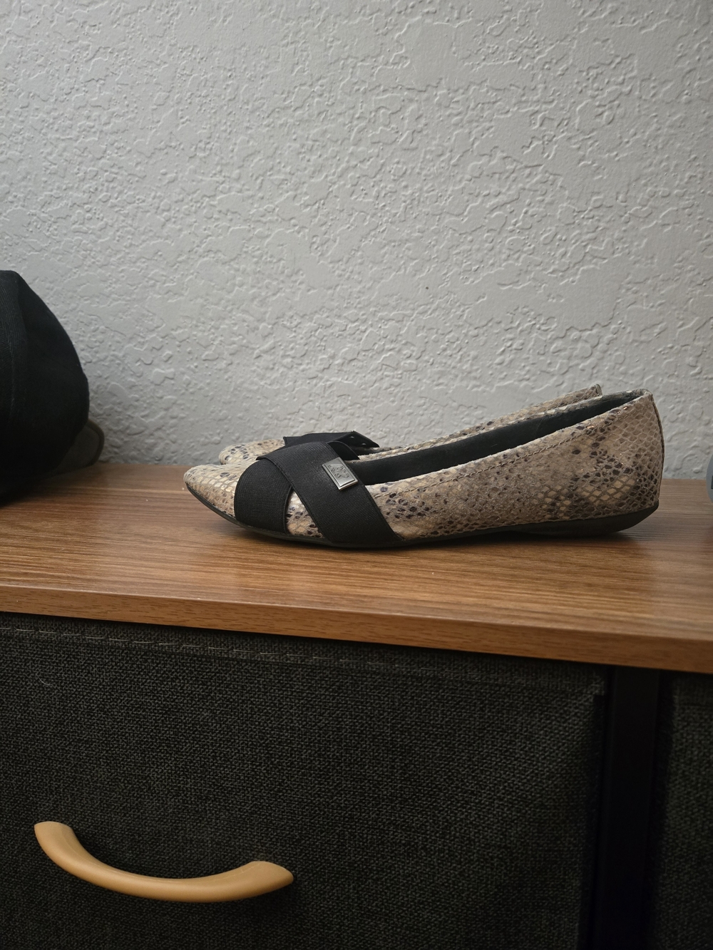 Anne Klein Snake-Print Pointed Toe Flats with Black Bow And Metal Logo Accent